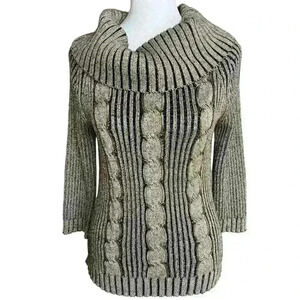 Vintage gold & black metallic beaded 3/4 sleeve cowl neck sweater size M